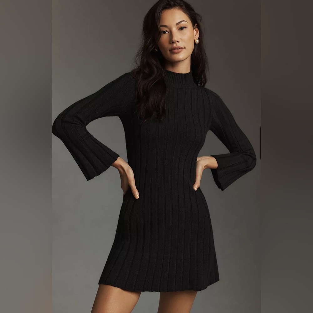 By Anthropologie Long-Sleeve A-Line Sweater Mini Dress XS Black Knit